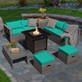 thumbnail image 2 of Patiojoy 9 Pieces Outdoor Patio Furniture Set with 32-Inch Propane Fire Pit Table Outdoor PE Wicker Space-Saving Sectional Sofa Set with Storage Box and Cushions Turquoise, 2 of 9