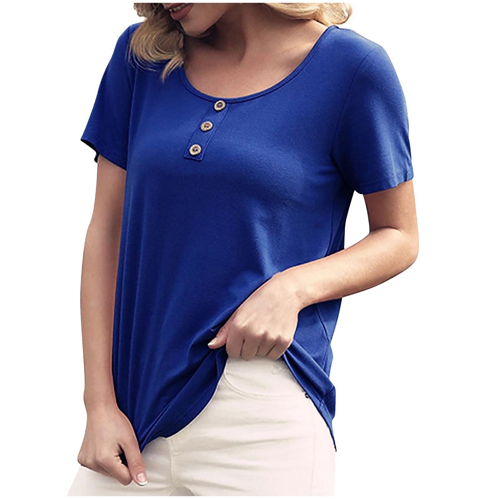 Birdeem Womens Casual Loose Solid Color Crewneck Short Sleeve Button T-Shirt Tops