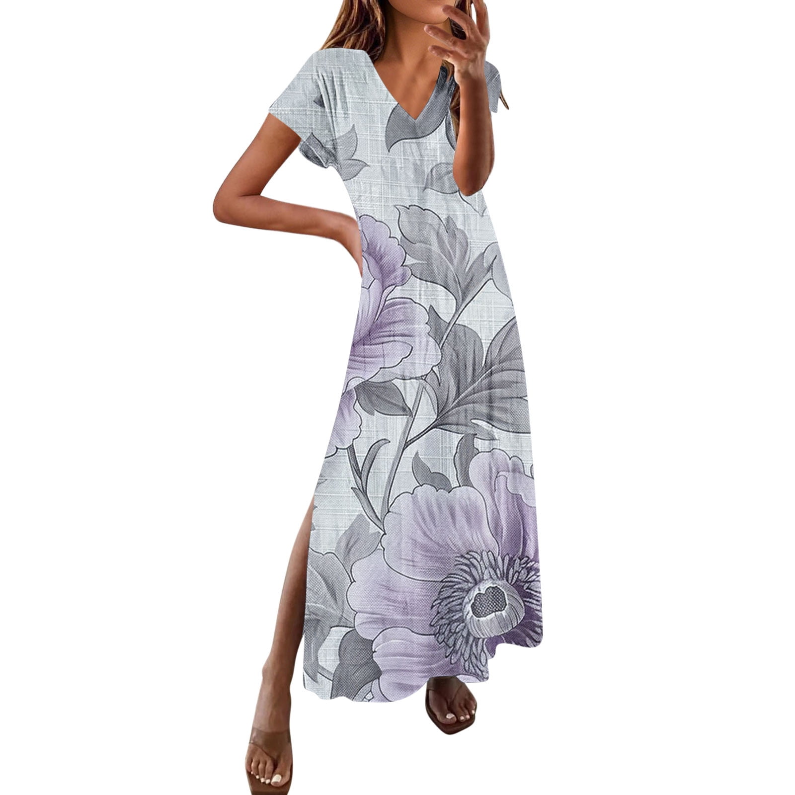 UPPADA Robe Maxi à Col en V pour Femme, Imprimé Floral, Robe d'Été Décontractée à Manches Courtes, Style Bohème, Robe de Plage avec Fente Latérale, Robe de Cocktail pour Fête, Robe de Printemps pour Femme, Blanc, m