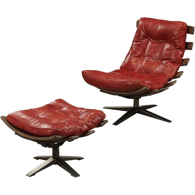 ACME Fauteuil Swayback Capitonné avec Ottoman en Cuir Grain Supérieur Rouge Antique