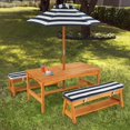 thumbnail image 1 of KidKraft Outdoor Table & Bench Set w/ Cushions & Umbrella - Navy & White | 00106, 1 of 2