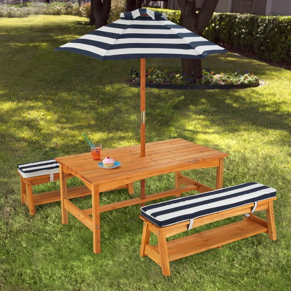 KidKraft Outdoor Table & Bench Set w/ Cushions & Umbrella - Navy & White | 00106
