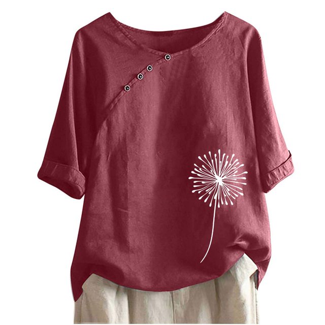 Pompotops Tunique Décontractée à Manches 1/2 pour Femmes, Col Rond Imprimé, Ample, avec Boutons, en Solde
