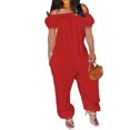 thumbnail image 1 of LOVZFMLL Combinaison pour Femme, Combinaison Ample à Épaules Dénudées à Manches Courtes de Couleur Unie Rouge, m, 1 of 5