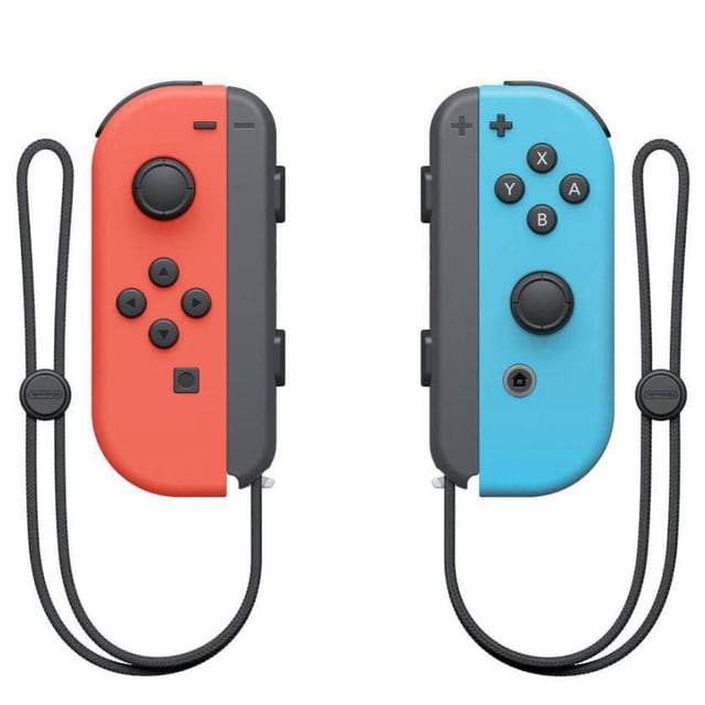 Joy-ConTM (L)/(R) - Manettes Nintendo Switch Néon Rouge/néon Bleu Montrées Orientées vers l'Avant avec Manette Néon Rouge Gauche avec Boutons Directionnels et joystick, Manette Néon Bleu Droite avec Boutons d'Action et joystick, Chacune avec Dragonnes Noires, Conçues pour le Contrôle de Mouvement et le Jeu Polyvalent.