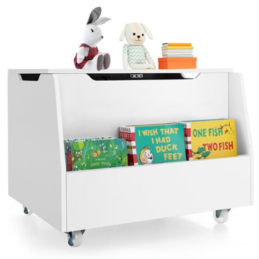 Gymax Coffre à Jouets pour Enfants Coffre de Rangement en Bois Banc avec Bibliothèque Roues Couvercle à Charnière de Sécurité