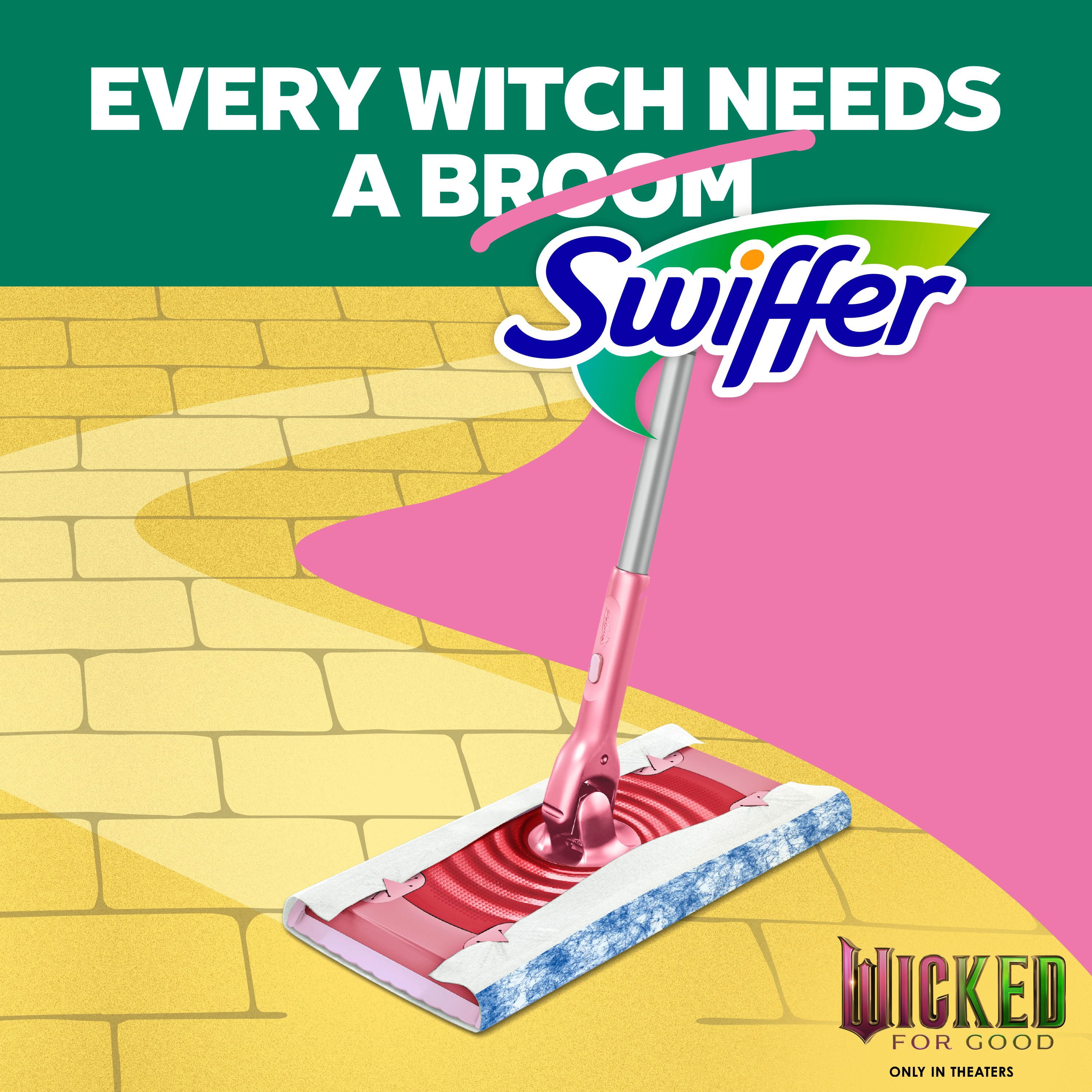 Swiffer Balayer et laver Pro, MÉCHANT SÉRIE Rose LIMITÉE, trousse pour balayage et de lavage 2 en 1 pour les planchers, trousse de nettoyage multi-surfaces, la trousse comprend 1 balai, 5 linges secs