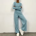 thumbnail image 2 of Timegard Tenues de Détente pour Femmes Manches Longues Col Rond Couleur Unie Hauts Courts Taille Élastique Pantalons Larges Ensembles, 2 of 6