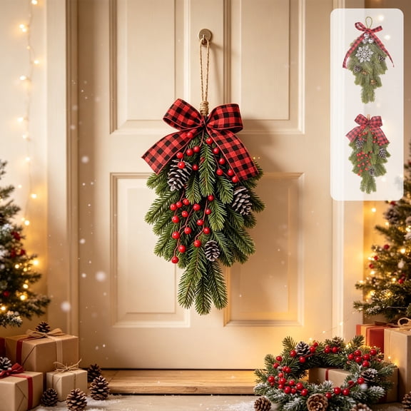 Kadlawus 2Pcs Christmas Ornaments Bows Berries Bells Door Hangings Festive Living Room Wall Decor Hanging Ornaments For Christmas Holiday Indoor Outdoor Home Decoration