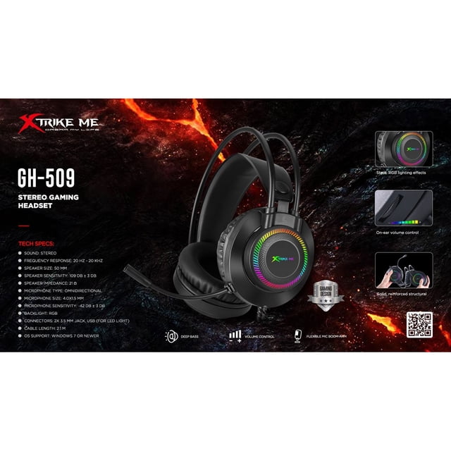 Xtrike Me Casque de Jeu Stéréo avec Rétroéclairage RVB pour PC Smartphone PS4 Xbox un Câble 1,8 m (GH-509)