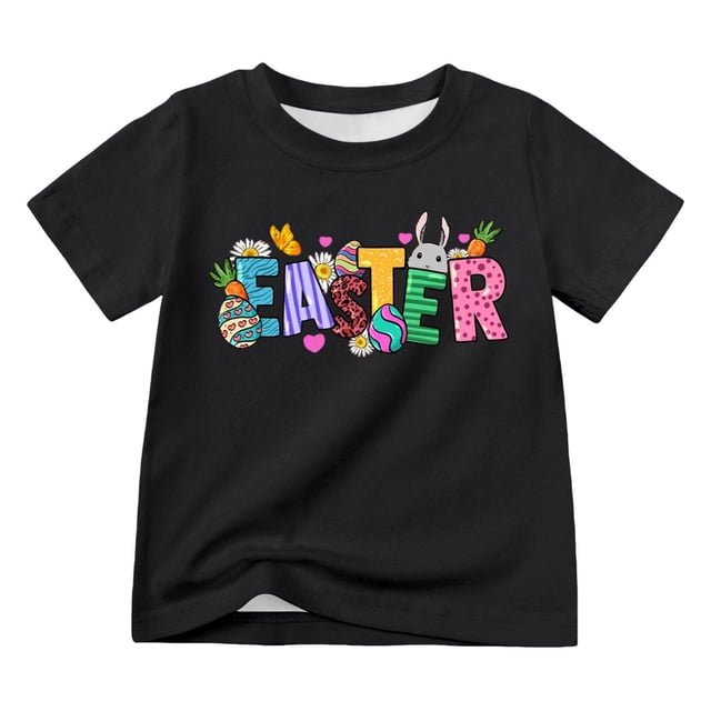 MIASHUI T-Shirt de Pâques pour Garçon et Fille, Manches Courtes, Imprimé Graphique, Noir, 10-11 Ans