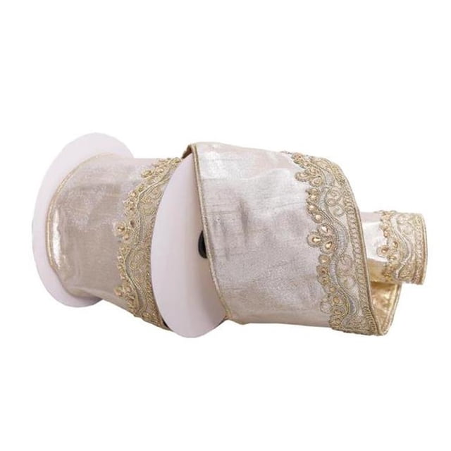 Vickerman Q222528 4 in. x 5 Yard Champagne with Gold Embroidery One-Side Wired Edge Christmas Ribbon