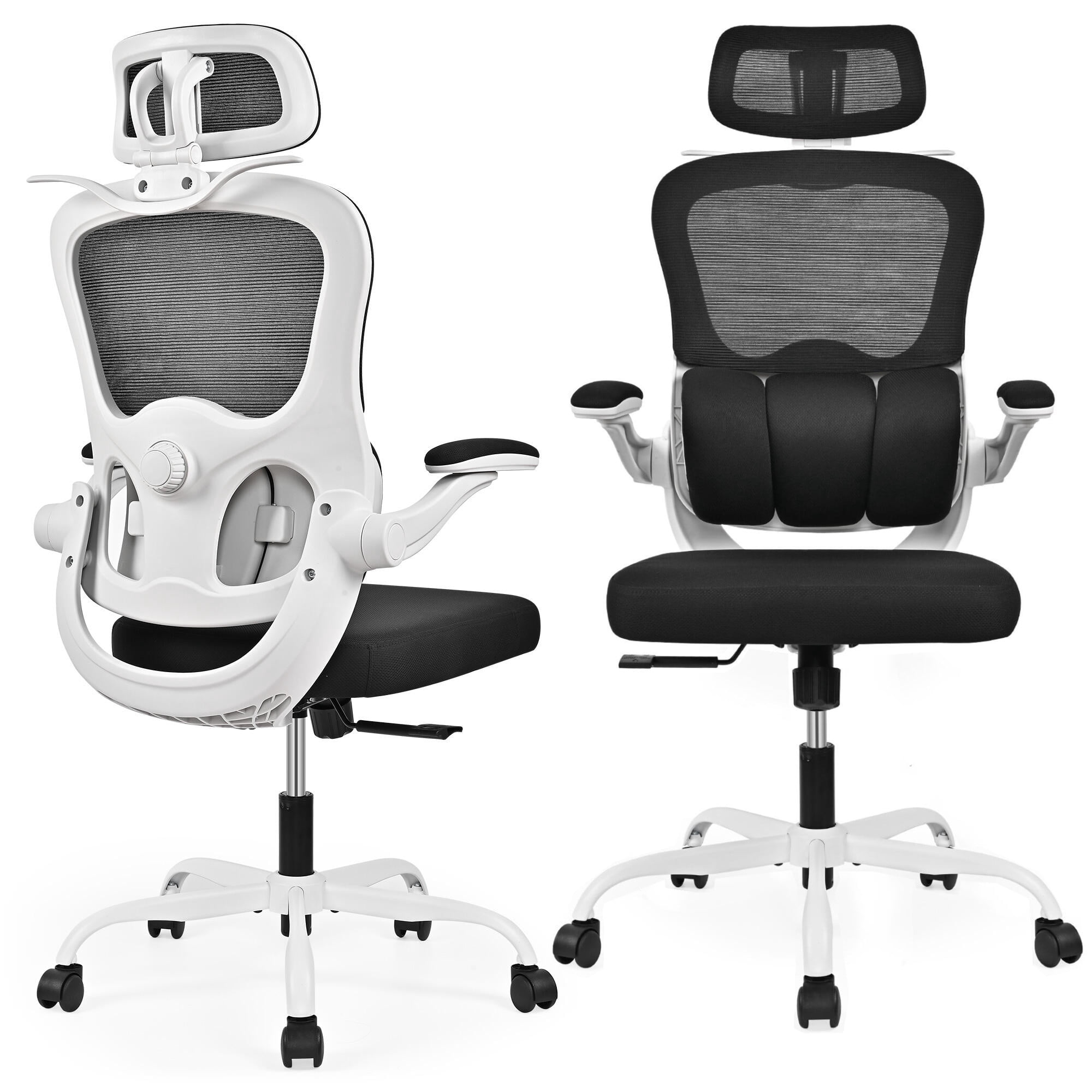 Ergonomic Office Chair with Three-Stage Lumbar Support & Flip-Up Armrests, High Back Computer Gaming Chair Swivel Executive Task Chair for Home Office