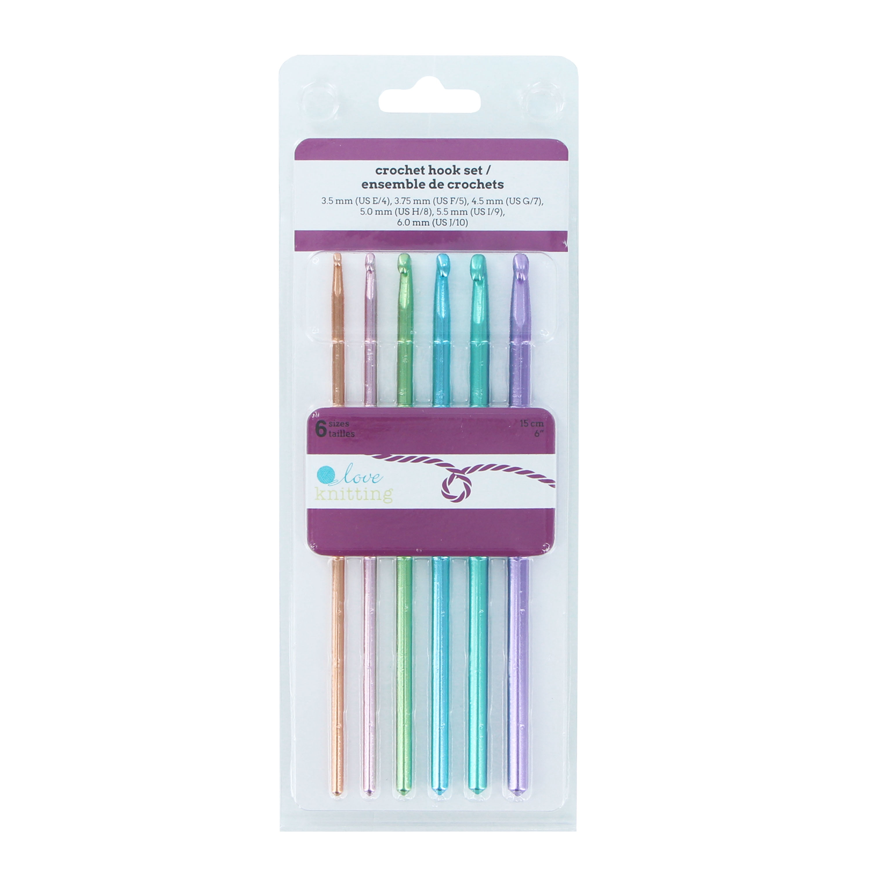 LOVE KNITTING ensemble de crochets - 6 pièces, 3.5-6 mm (0.24 po), 15 cm (5.9 po) aluminium