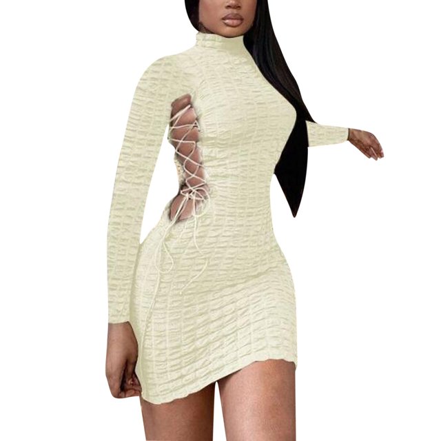 Pompotops Robe Moulante pour Femme, Mode Décontractée Aguichant, Manches Longues, à Nouer, Ajourée, en Solde