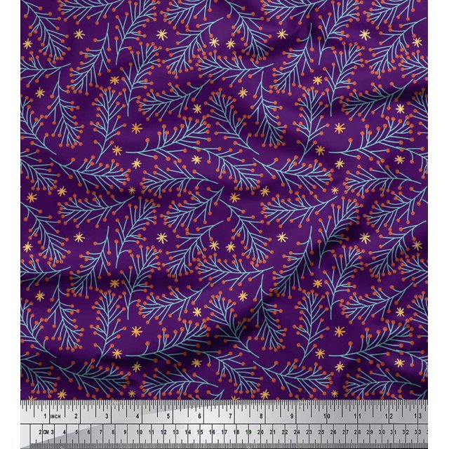 Soimoi Tissu Crêpe en polyester Violet Flocons de Neige et Baies Rouges Imprimés de Tissu au Mètre 42 Pouces de Large