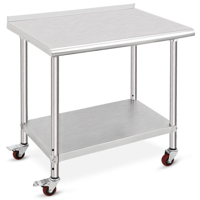 Table de Travail en Acier Inoxydable, Table de Préparation des Aliments 36x24x35 Pouces avec Roulettes, Poste de Travail Commercial pour Cuisine, Restaurant, Garage, Argent