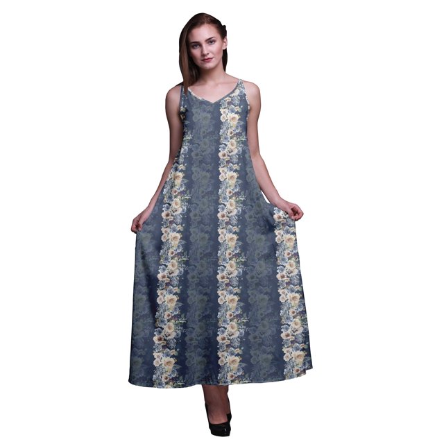 Bimba Robe Longue Maxi Imprimée à Bretelles Spaghetti Ajustables en Rayonne Florale pour Femmes Boho-Très Petite