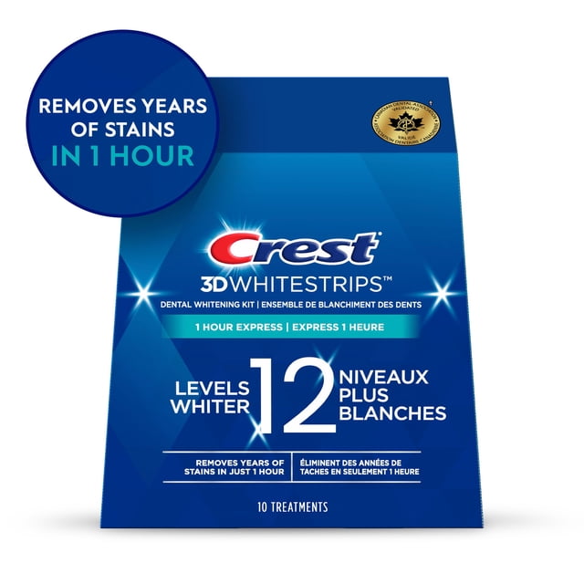 Crest 3D Whitestrips 1 Hour Express at-home teeth whitening kit in blue packaging with 10 treatments, removes years of stains in 1 hour and whitens teeth up to 12 levels, enamel-safe and Canadian Dental Association validated.