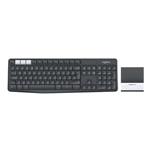 Logitech K375s Multi-Device keyboard in graphite and off-white, featuring a full-size layout with concave keys, a 10-key number pad, and adjustable tilt legs for comfortable typing. Includes a universal stand for phones and tablets, compatible with Windows, Mac, Android, and iOS devices via Bluetooth or USB wireless receiver.