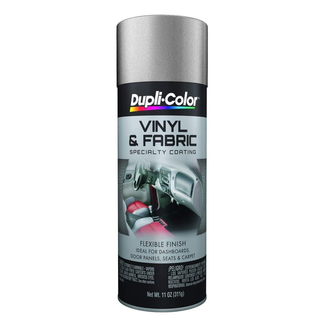 Dupli-Color HP103 Argent Vaporisateur Vinyle et Tissu Haute Performance, Boîte de 11 oz, Idéal pour les applications Intérieures Automobiles Telles Que Sièges en Vinyle, Tableaux de Bord, Panneaux de Porte et consoles. Comprend une Buse Conique EZ Touch, une Formule Auto-Amorçante flexible et un Promoteur d'Adhérence Maximale. Résiste aux Fissures, à l'Écaillage et à l'Épluchage, avec une Formule à Séchage Rapide Qui Sèche au Toucher en 30 minutes et Est Maniable en 1 Heure. Convient aux Besoins