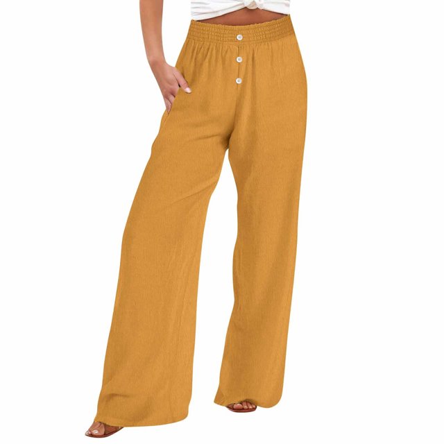 Timegard Womens Wide Leg Pants Summer Elastic High Waisted Button Lightweight Casual Pants with Pockets