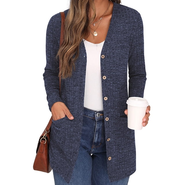 Innerwin Cardigan Sweater Long Sleeve Ladies Outwear Holiday Solid Color Soft Cardigans Royal Blue XS