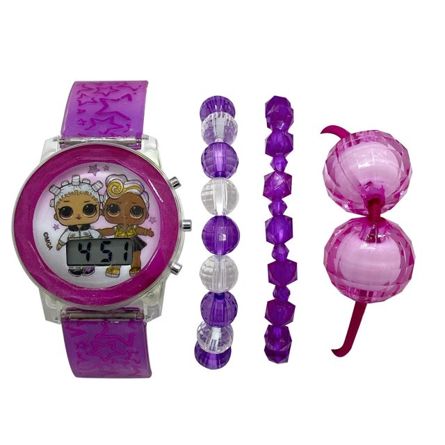 Girls LOL Surprise! Digital Flashing Watch with Bracelets Set featuring a purple adjustable plastic strap with star patterns, a digital display with flashing lights, three crystal bracelets in purple and clear beads, and a pink double-bead ring, ideal for kids aged 6 and up.