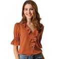 thumbnail image 1 of INSPIRE CHIC Blouse en Mousseline Semi-Transparente pour Femme à Volants, Col en V, Manches Bouffantes au Coude, 3TG, Brun Rouge, 1 of 6