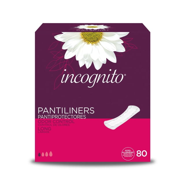 Incognito® Longue Boîte de Protège-Dessous Hypoallergénique pour le Contrôle des Odeurs avec une Marguerite Blanche sur Fond Violet et Rose, Contenant 80 Protège-Dessous avec des Feuilles de Couverture Respirantes Type Coton pour la Prévention des Allergies et le Contrôle des Odeurs en Soins Féminins.