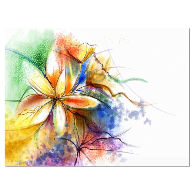 Design Art Multi Color Flower Fusion Canvas Print with an abstract floral design in orange, yellow, green, blue, and purple on gallery wrapped cotton canvas, ready to hang with included hardware, designed and made in Canada, ideal for home or office wall décor.