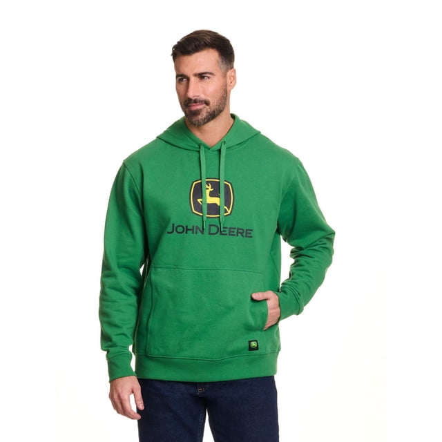 John Deere Men’s Core Logo Pullover Fleece Hoodie in green with soft fleece fabric, front pouch pocket, adjustable drawcord hood with plastic tips, and large John Deere logo screen print on chest, worn with dark blue jeans on white background, ideal for layering over tees.