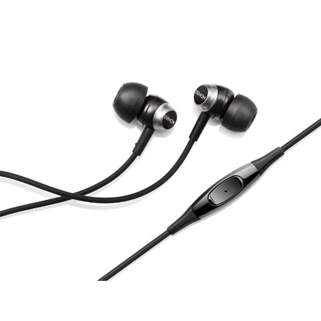 Denon AH-c50MABK in-ear headphones in black with soft ear tips, wired earbuds design, and a single-button smartphone remote integrated into the cable. Suitable for studio-quality audio and hands-free phone use.