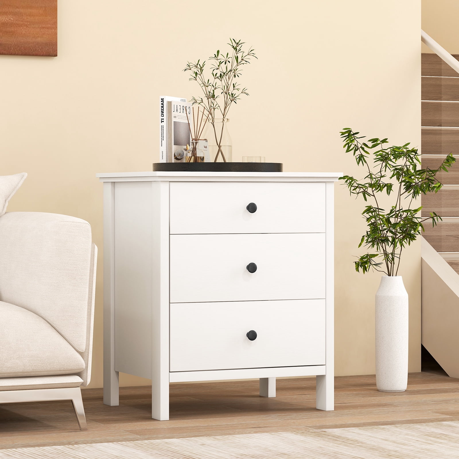 Giantex Compact Nightstand, Small Bedside Table Dressers w/Solid Wooden Legs, White