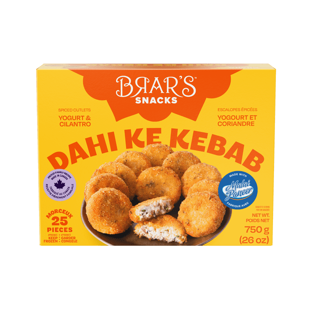 BRAR'S DAHI KE KABAB 750G box displaying 25 round, golden-brown spiced cutlets made with yogurt, cilantro, and malai paneer, arranged on a plate with one cutlet broken open to reveal creamy filling, a frozen Indian ready-to-eat snack made in Canada, suitable for appetizers or gatherings.