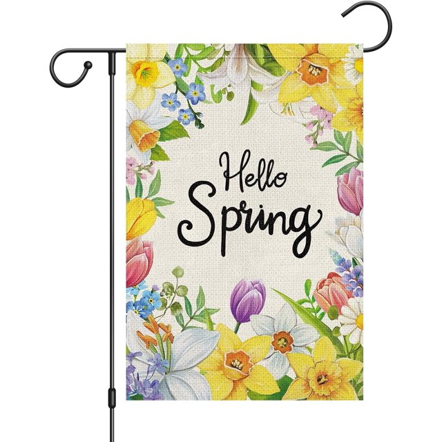 Hello Spring Flower Garden Flag 12x18 Inch Double Sided for Outside, Floral Welcome Spring Flag Seasonal Yard Outdoor Decoration
