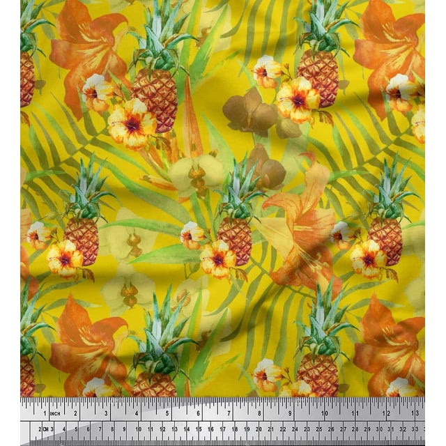 Soimoi Tissu Popeline de Coton Jaune Imprimé Lys & Fruits de Pin 1 Yard 42 Pouces de Large