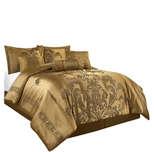 Chezmoi Collection Royale 7-Piece Jacquard Floral Comforter Set (King, Gold)