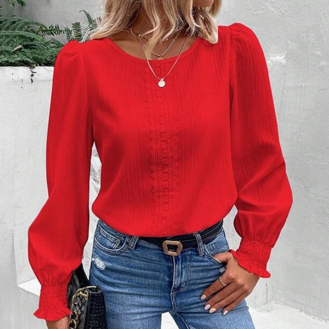 RXIRUCGD Haut/chemise à Manches Longues à Col Rond pour Femme, Décontracté, Uni, en Dentelle Patchwork, Rouge, Taille : TG