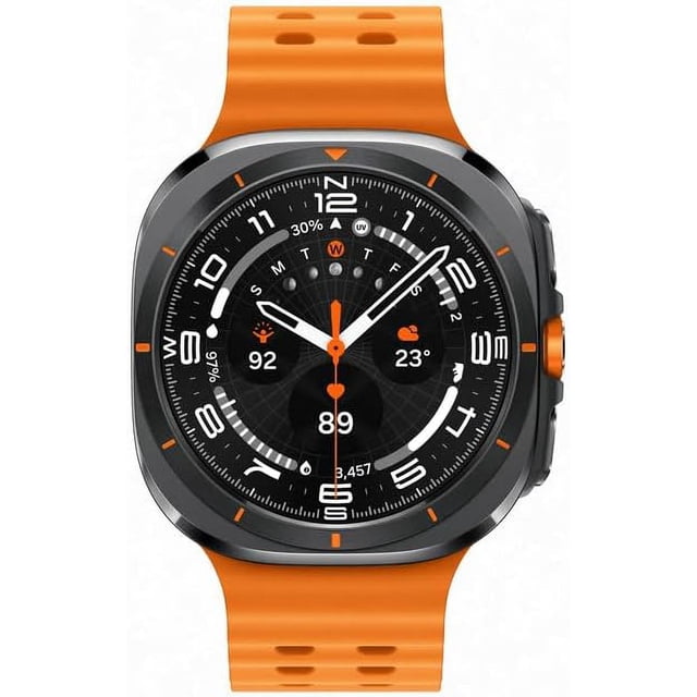 Restored Samsung Galaxy Watch Ultra Smartwatch – 47mm GPS + LTE in Titanium Grey/Orange. The rugged titanium case and bold orange strap are designed for durability and active lifestyles. Features include advanced fitness and health monitoring, GPS + LTE connectivity for phone-free use, and a high-contrast display. Open box item inspected for functionality with a 180-day warranty.