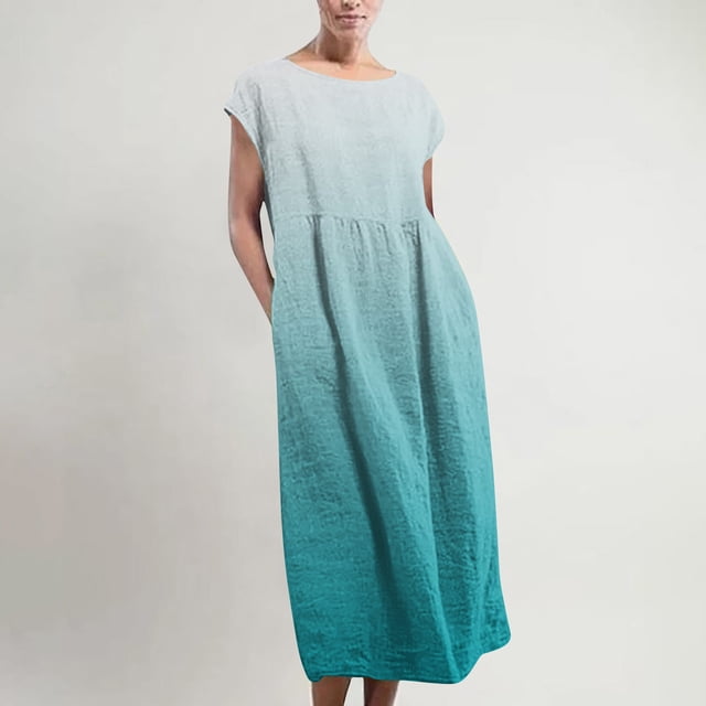 TopLLC Robe Sans Manches à Col Rond Robe Maxi Sans Manches pour Femmes avec Poches en Lin Ample et Bouffante Caftan Longue Robe Femme Robe en Liquidation