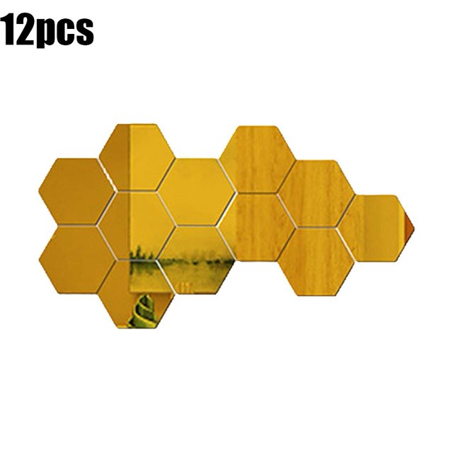 12pcs Hexagon Mirror Tiles Wall Stickers Self Adhesive Stick On Art Decal