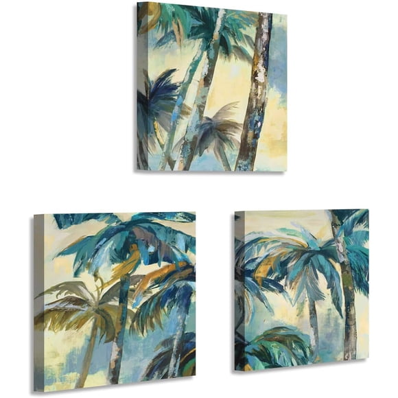 Seaside Coconut Palm Wall Art: Coastal Tropical Abstract Trees Artwork Reproduction Painting Print Canvas Pictures for Washroom (12" W x 12" H x 3 PCS, Multi-Sized)
