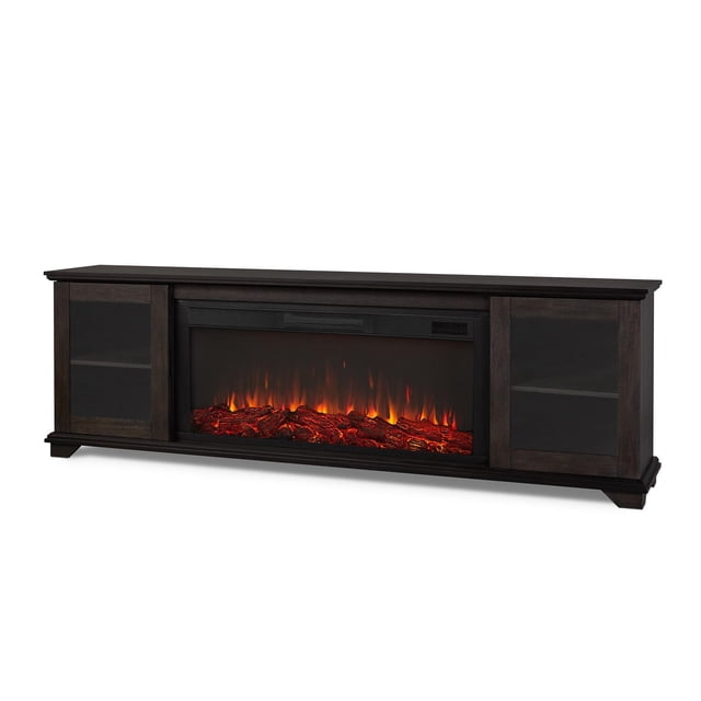 Benjamin Meuble Télé avec Foyer Électrique Paysager de 81 Pouces, Fini Bois Foncé, Doté d'Un Foyer Électrique à Écran Grand avec des Flammes Vacillantes Réalistes et des Braises Lumineuses, Deux Armoires à devant en Verre avec Étagères pour Rangement Multimédia, Pouvant Accueillir des Téléviseurs jusqu'à 80 Pouces et Offrant une Chaleur Supplémentaire pour des Pièces jusqu'à 1000 Pi2.