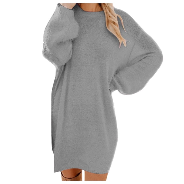 Kcodviy Robe Chandail d'Hiver en Tricot pour Femmes, Grand Col Roulé, Chaude, Manches Longues, Robe pour Femmes, Taille Petite, Poche, Mini Robe Chandail
