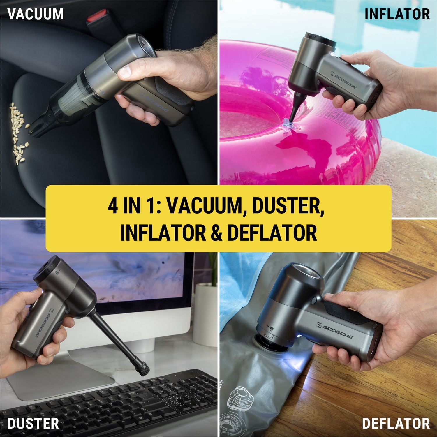Scosche SCOVAC Mini aspirateur sans fil 4-en-1 de grande puissance, soufflante d’air, pompe à gonfler et dégonfler