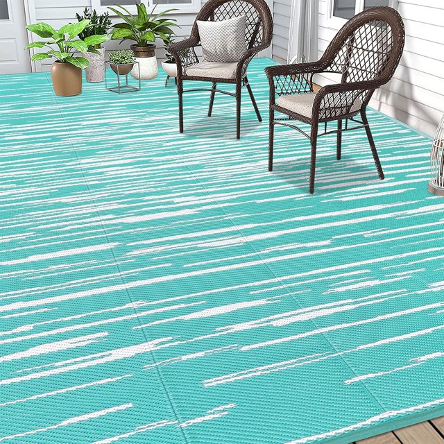 Findosom 9'x12' Waterproof Stripe Outdoor Rug, Foldable Reversible Plastic Straw Rug, Large Patio Rug for Outdoors, RV, Patio, Backyard, Deck, Picnic, Beach, Camping Blue