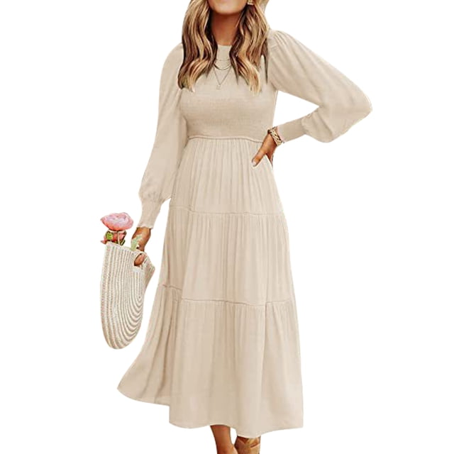 LUXUR Robes Maxi à Manches Longues pour Femmes Décontractées Soirée Robe Ligne A Beige P
