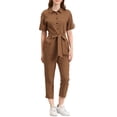 thumbnail image 2 of Unique Bargains Combinaison Pantalon pour Femme à Col Rabattu, Boutonnée, Taille à Nouer, Brun, TG, 2 of 7