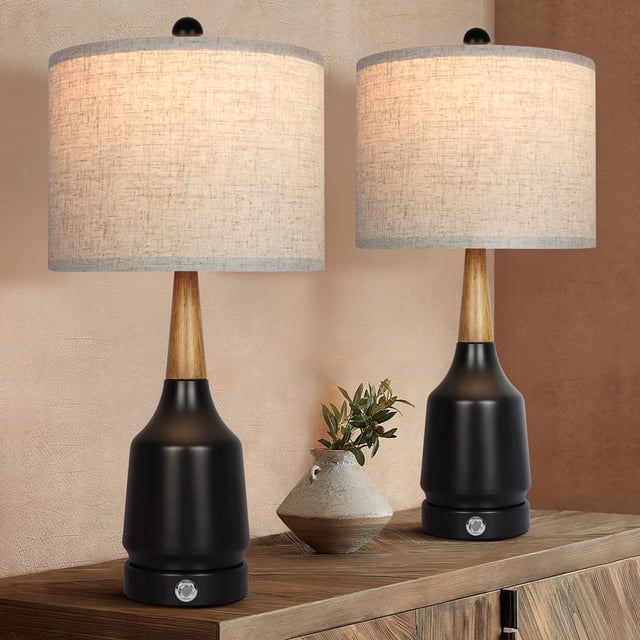 OUTON Metal Table Lamp Set of 2 Bedside Table Lamps with Wood Design&Linen Fabric Lampshade for Bedroom Living Room, Bulb Included